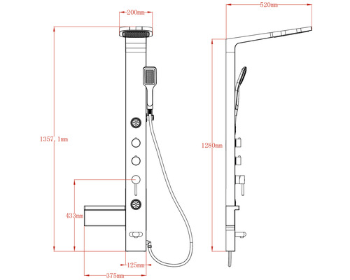 Dessin technique d''un panneau de douche avec indications de dimensions.