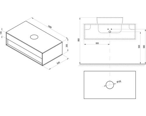 Technische Zeichnung eines Waschtischunterschranks mit Maßangaben