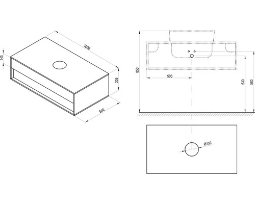 Technische Zeichnung eines Waschtischunterschranks mit Maßangaben