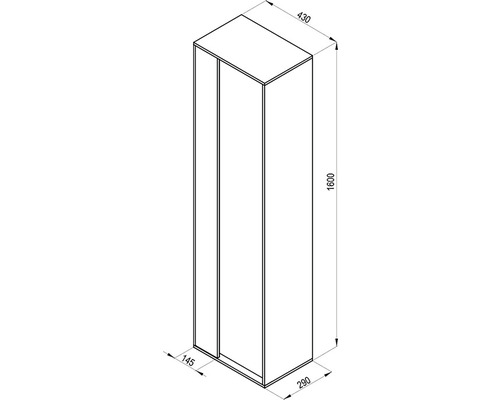 Zeichnung eines Schranks mit Schiebetüren und Maßangaben
