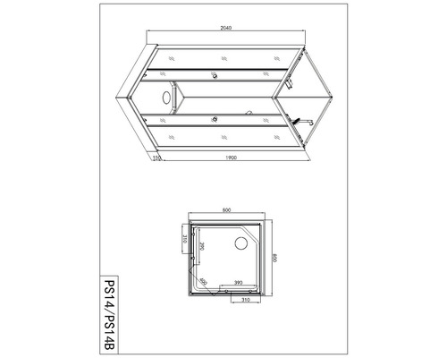 Schéma technique d''une cabine de douche avec dimensions.