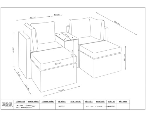 Dessin technique d''un ensemble de salon en deux parties avec dimensions