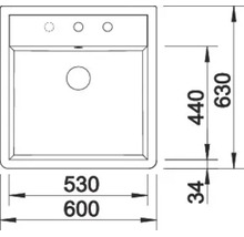 Technische Zeichnung einer Einbauspüle mit Maßangaben in Millimetern.