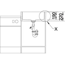 Technische Zeichnung eines Einbauspülbeckens mit Siphon und Bemaßung der Beckentiefe für die Montage.