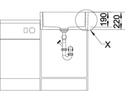 Technische Zeichnung eines Einbauspülbeckens mit Siphon und Bemaßung der Beckentiefe für die Montage.