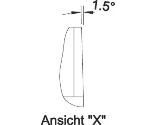 Technische Zeichnung Ansicht X mit einem Neigungswinkel von 1,5 Grad.