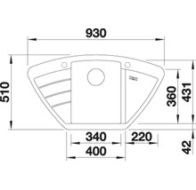 Dessin technique d un évier d angle avec des dimensions de 930 par 510 millimètres.