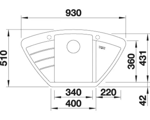 Dessin technique d un évier d angle avec des dimensions de 930 par 510 millimètres.