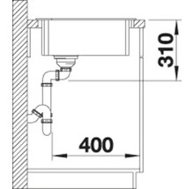 Dessin technique avec dimensions d encastrement pour un évier dans un meuble bas avec raccordement d évacuation.