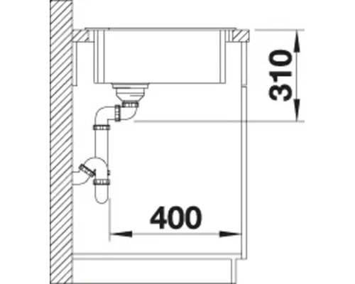 Dessin technique avec dimensions d encastrement pour un évier dans un meuble bas avec raccordement d évacuation.