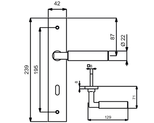 Schéma technique d''une poignée de porte avec dimensions