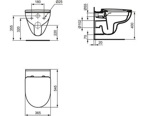 Schéma technique de toilettes suspendues avec dimensions