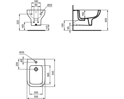 Technische Zeichnung eines Bidet mit Maßangaben.