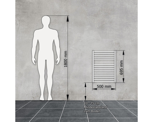 Masszeichnung eines Heizkörpers mit den Massen 695 mm Höhe und 500 mm Breite im Vergleich zu einer menschlichen Figur von 1800 mm Grösse.