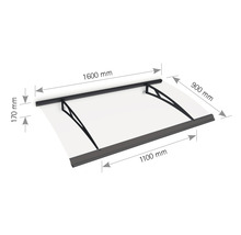 Auvent avec dimensions 1600 mm de largeur, 1100 mm de profondeur et 170 mm de hauteur