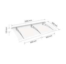 Vordach mit Abmessungen 2000 mm x 900 mm x 170 mm und einer Ausladung von 800 mm.