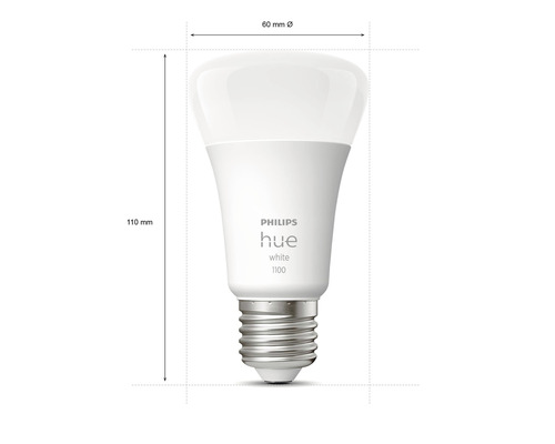 Lampe LED Philips Hue White 1100 avec les dimensions 110 mm de hauteur et 60 mm de diamètre