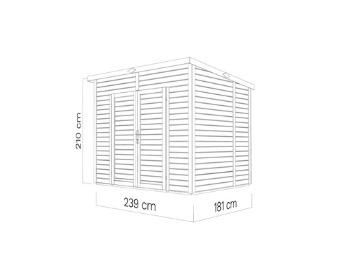 Image d''un abri de jardin avec des dimensions de 239 x 181 x 210 centimètres.