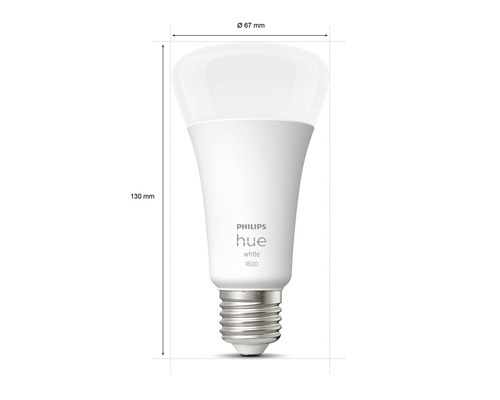 Lampe Philips Hue avec des dimensions de 67 millimètres de diamètre et 130 millimètres de longueur