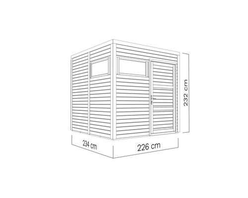 Image d''un abri de jardin mesurant 234 sur 226 sur 232 centimètres.