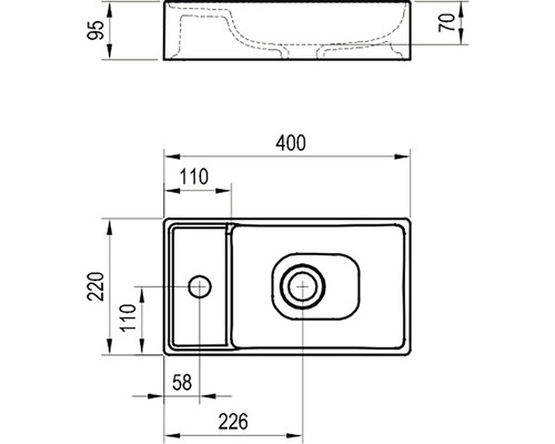Zeichnung eines Waschbeckens mit Maßangaben