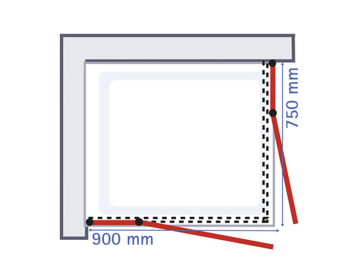 Schéma technique d''une cabine de douche avec dimensions 750 mm et 900 mm