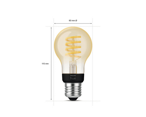 Ampoule Philips Hue avec des dimensions de 115 mm de hauteur et 60 mm de diamètre