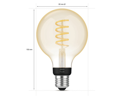 Philips Hue Leuchtmittel mit E27 Fassung und den Maßen 95 mal 150 Millimeter