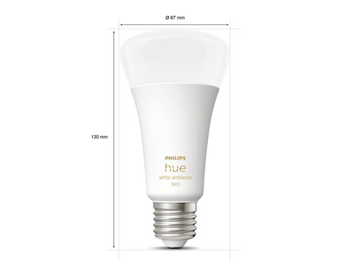 Lampe Philips Hue avec des dimensions de 130 mm de hauteur et 67 mm de diamètre.
