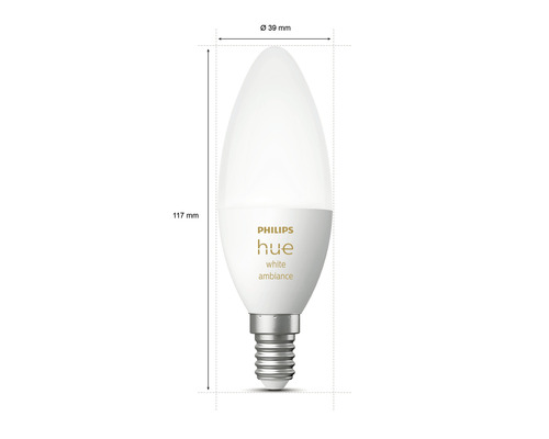 Lampe LED Philips Hue White Ambiance, douille E14, dimensions 117 mm de hauteur, 39 mm de diamètre