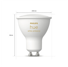 Philips Hue Leuchtmittel mit den Massangaben 50 Millimeter Durchmesser und 58 Millimeter Höhe.
