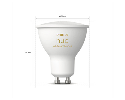 Philips Hue Leuchtmittel mit den Massangaben 50 Millimeter Durchmesser und 58 Millimeter Höhe.