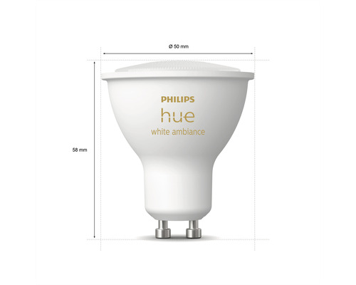 Philips Hue Leuchtmittel mit den Maßen 50 mm Durchmesser und 58 mm Höhe