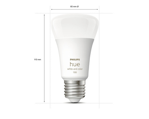 Ampoule Philips Hue mesurant 110 mm de hauteur et 60 mm de diamètre.