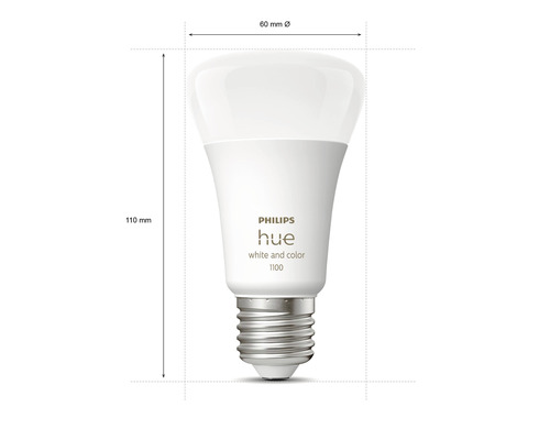 Lampe Philips Hue avec des dimensions de 60 millimètres de diamètre et 110 millimètres de hauteur.