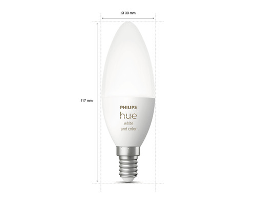 Lampe Philips Hue mesurant 117 mm de long et 39 mm de diamètre