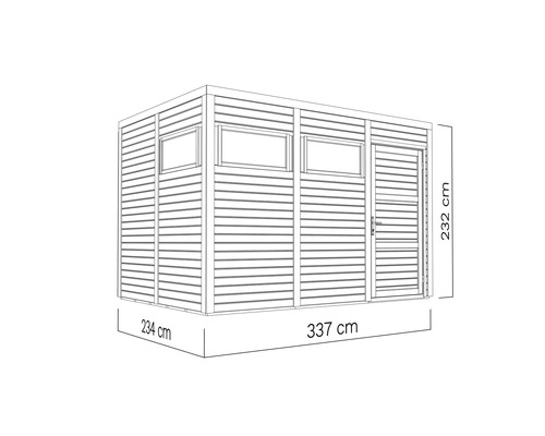 Illustration d''une cabane de jardin mesurant 234 cm x 337 cm x 232 cm