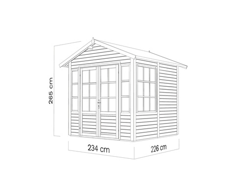 Image d''un abri de jardin avec des dimensions de 265 cm de hauteur, 234 cm de largeur et 226 cm de profondeur.