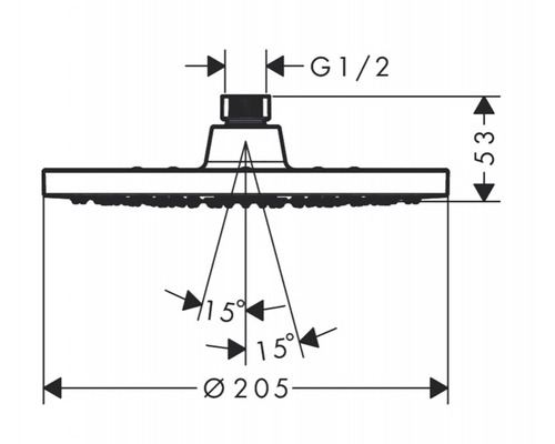 Technische Zeichnung eines Duschkopfes mit Maßangaben