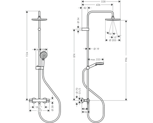 Schéma technique d''un robinet de douche avec dimensions