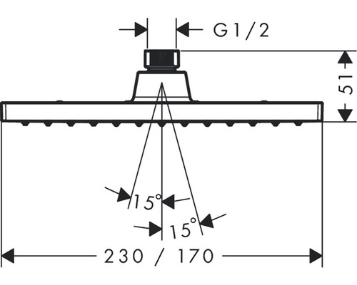 Technische Zeichnung eines Duschkopfes mit Maßangaben