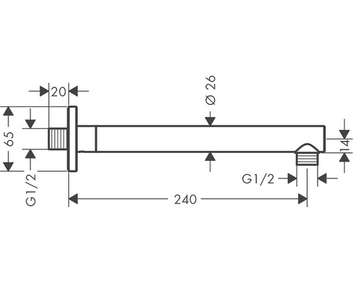 Technische Zeichnung eines Wandauslaufs mit Massangaben