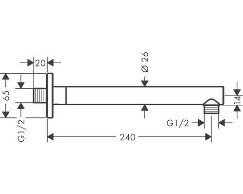 Technische Zeichnung eines Wandauslaufs mit Maßangaben