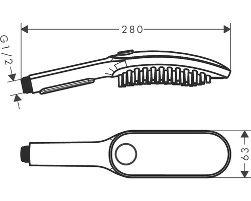 Technische Zeichnung einer Handbrause mit Maßangaben