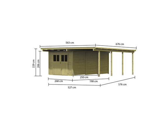 Abri de jardin en bois avec annexe et indications de dimensions