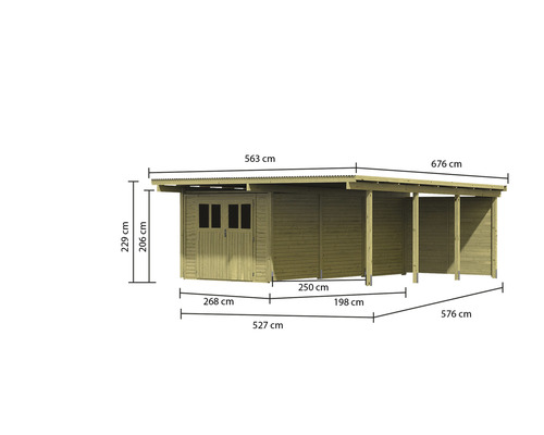 Dimensions d''une maison en bois avec abri de voiture et remise à outils