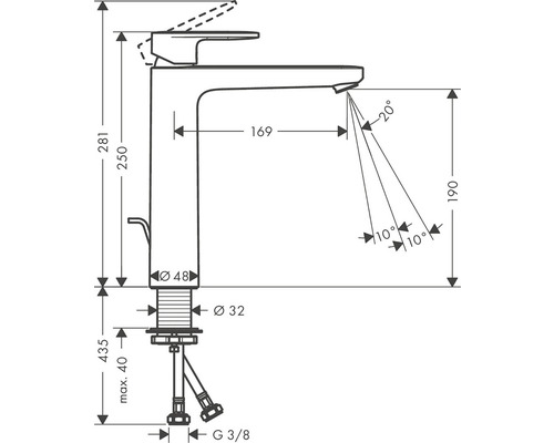 Zeichnung eines Wasserhahns mit Maßangaben