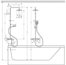 Schéma technique d''un robinet de douche avec dimensions pour l''installation au-dessus d''une baignoire.