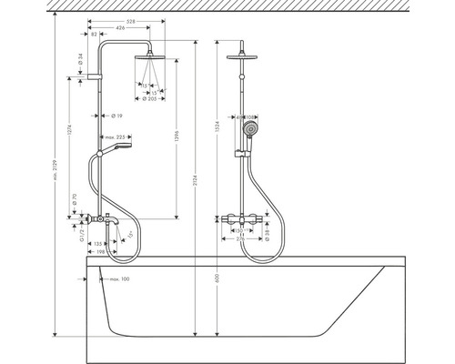 Technische Zeichnung einer Duscharmatur mit Massangaben für die Installation über einer Badewanne.