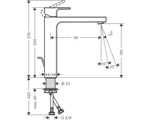 Schéma technique d''un robinet de lavabo avec indication des dimensions